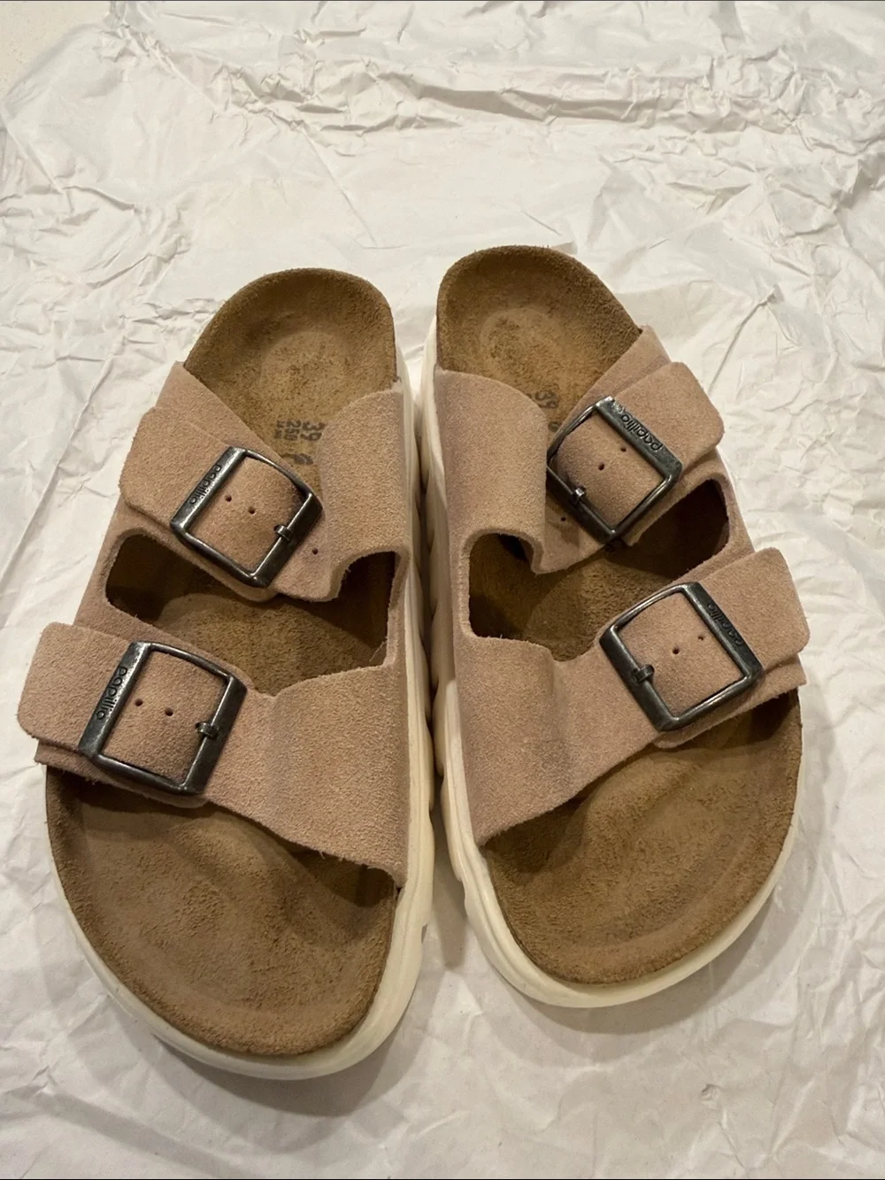 Papillio (birkenstock) Double-Buckle Suede Sandals in Beige